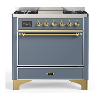 ILVE UM36FQNR3BGG Majestic III 36 inch Dual Fuel Range with 6 Black Brass Burners and Griddle, Dual Function Burner up to 25,000 BTU (Solid Door, Blue Grey, Brass, Natural Gas)
