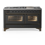 ILVE UM60FNR3MGB Majestic III 60 inch Dual Fuel Range with 9 Burners and Griddle, Dual Function Burner up to 25,000 BTU (Natural Gas, Triple Glass Door, Graphite Matte, Burnished)