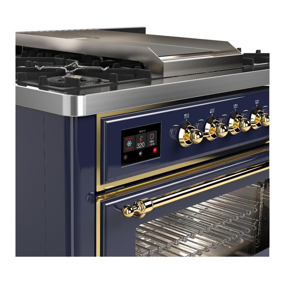 ILVE UM36FNR3MBGLP Majestic III 36 inch Dual Fuel Range with 6 Black Brass Burners and Griddle, Dual Function Burner up to 25,000 BTU (Triple Glass Door, Midnight Blue, Brass, Liquid Propane)