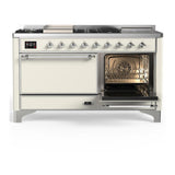 ILVE UM60FSQNR3AWCLP Majestic III 60 inch Dual Fuel Range with 7 Burners, Griddle and French Top, Dual Function Burner with up to 25,000 BTU (Liquid Propane, Solid Door, Antique White, Chrome)