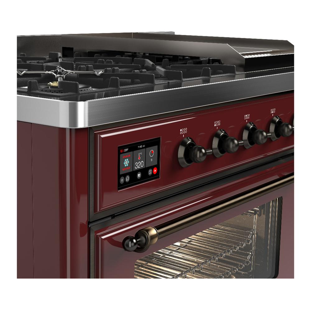 ILVE UM48FNR3BUB Majestic III 48 inch Dual Fuel Range with 8 Burners and Griddle, Dual Function Burner up to 25,000 BTU (Natural Gas, Triple Glass Door, Burgundy, Burnished)