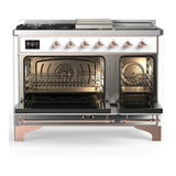 ILVE UM48FSNR3RAPLP Majestic III 48 inch Dual Fuel Range with 5 Black Brass Burners, Griddle and French Top, Dual Function Burner up to 25,000 BTU (Liquid Propane, Triple Glass Door, RAL, Copper)