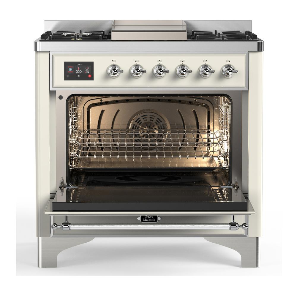 ILVE UM36FNR3AWC Majestic III 36 inch Dual Fuel Range with 6 Black Brass Burners and Griddle, Dual Function Burner up to 25,000 BTU (Triple Glass Door, Antique White, Chrome, Natural Gas)