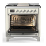 ILVE UM36FNR3AWC Majestic III 36 inch Dual Fuel Range with 6 Black Brass Burners and Griddle, Dual Function Burner up to 25,000 BTU (Triple Glass Door, Antique White, Chrome, Natural Gas)