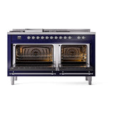 ILVE UN60FSQNMPMBCLP Nostalgie II Noblesse 60 inch Dual Fuel Range (7 Sealed Burners + Griddle + French Top, Liquid Propane, Solid Door, Midnight Blue, Chrome)
