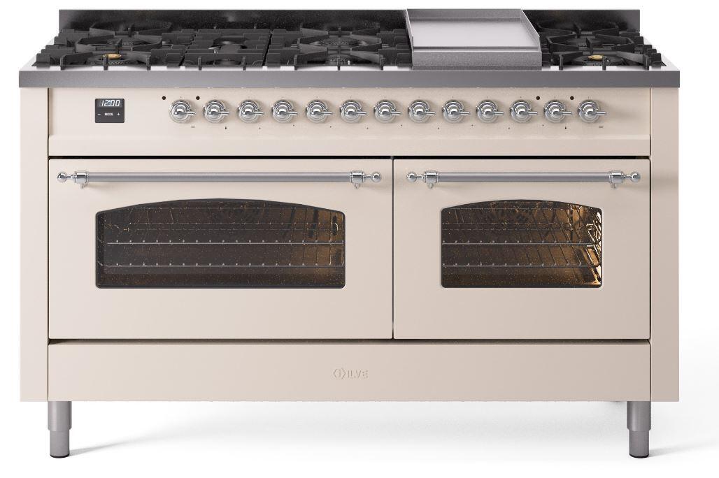 Nostalgie II 60 Inch Dual Fuel Liquid Propane Freestanding Range in Antique White with Chrome Trim