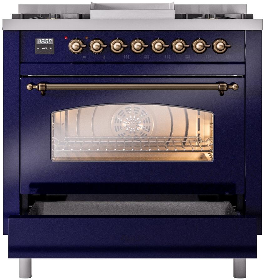 Nostalgie II 36 Inch Dual Fuel Natural Gas Freestanding Range in Blue with Bronze Trim