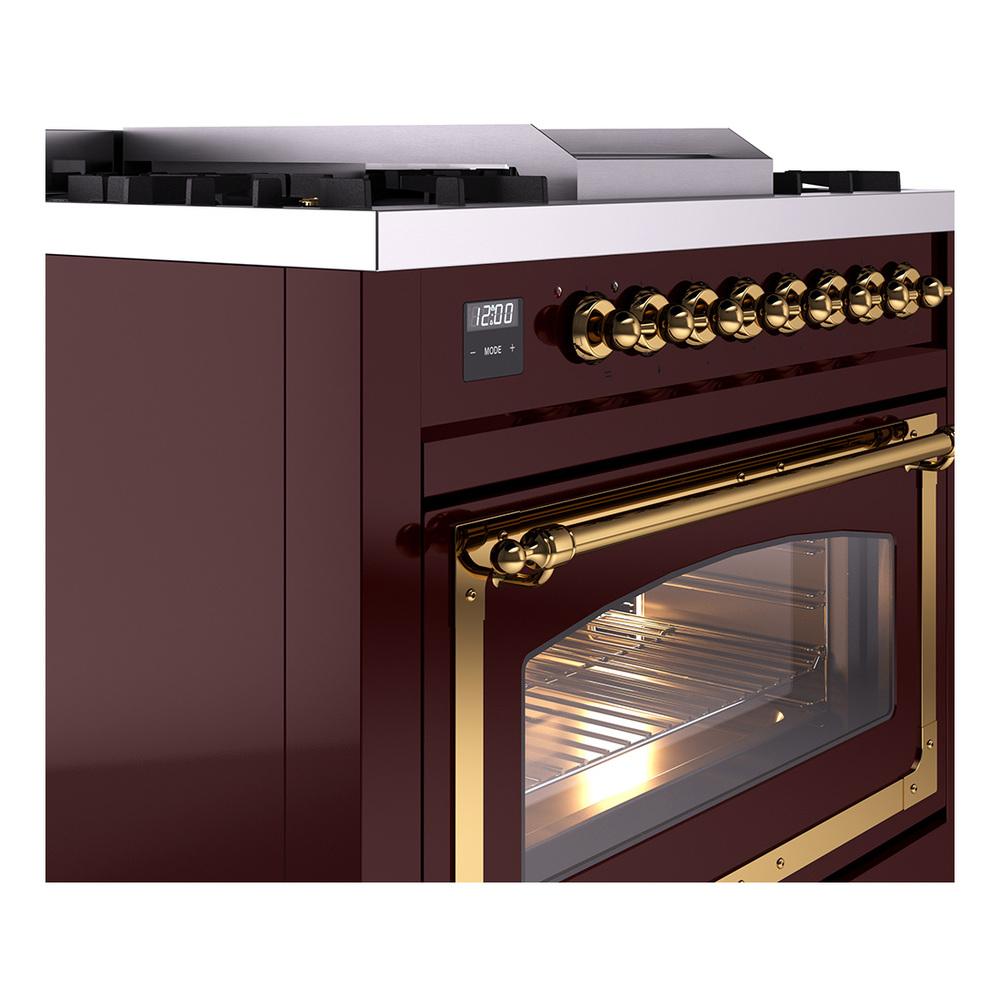 ILVE UN36FNMPBUG Nostalgie II Noblesse 36 inch Dual Fuel Range (Natural Gas, Triple Glass Door, Burgundy, Brass)