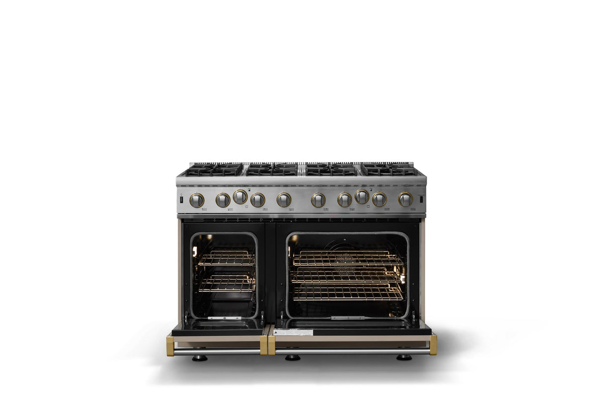 48"W. Open Burner Gas Range (Finish: Nantucket, Trim: Brushed Brass, Fuel: Natural Gas)