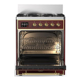 ILVE UM30QNR3BUG Majestic III 30 inch Dual Fuel Range with 5 Black Brass Burners, Dual Function Burner up to 25,000 BTU (Natural Gas, Solid Door, Burgundy, Brass)