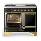 ILVE UMD40FQNR3BKG Majestic III 40 inch Dual Fuel Range with 6 Burners and Griddle, Dual Function Burner up to 25,000 BTU (Natural Gas, Solid Door, Glossy Black, Brass)