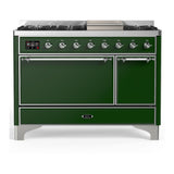 ILVE UM48FQNR3EGCLP Majestic III 48 inch Dual Fuel Range with 8 Burners and Griddle, Dual Function Burner up to 25,000 BTU (Liquid Propane, Solid Door, Emerald Green, Chrome)