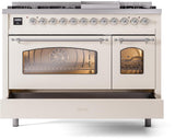 Nostalgie II 48 Inch Dual Fuel Liquid Propane Freestanding Range in Antique White with Chrome Trim