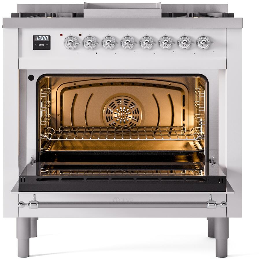 Nostalgie II 36 Inch Dual Fuel Natural Gas Freestanding Range in White with Chrome Trim