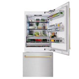 ZLINE Autograph Edition 36 in. 19.8 cu. ft. Built-In Bottom Freezer Refrigerator with Water Dispenser and Ice Maker in DuraSnow' Stainless Steel and Champagne Bronze Accents (RBITZ-SN-36-CB)