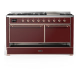 ILVE UM60FQNR3BUP Majestic III 60 inch Dual Fuel Range with 9 Burners and Griddle, Dual Function Burner up to 25,000 BTU (Natural Gas, Solid Door, Burgundy, Copper)