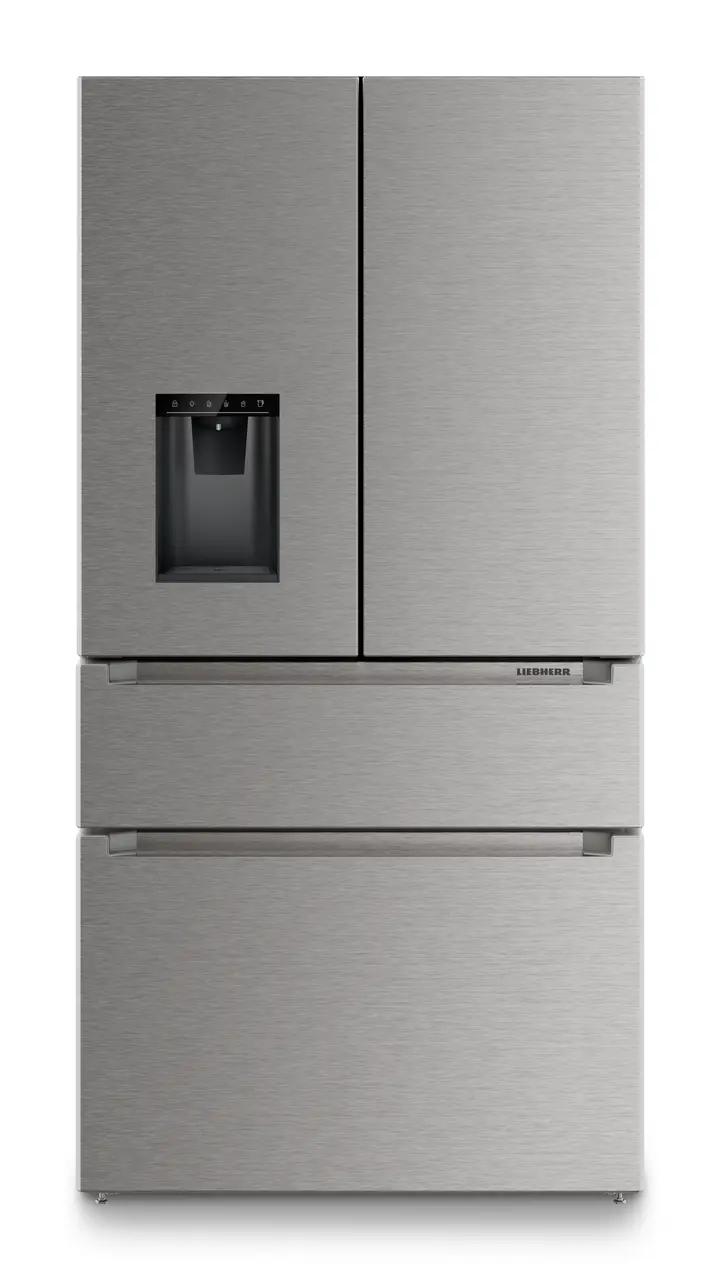 French door fridge-freezer with 2 freezer drawers and water and ice cube dispenser
