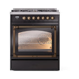 ILVE UN30NMPBKB Nostalgie II Noblesse 30 inch Dual Fuel Range (Natural Gas, Triple Glass Door, Glossy Black, Burnished)