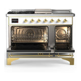 ILVE UM48FSQNR3WHG Majestic III 48 inch Dual Fuel Range with 5 Black Brass Burners, Griddle and French Top, Dual Function Burner up to 25,000 BTU (Natural Gas, Solid Door, White, Brass)