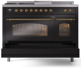 Nostalgie II 48 Inch Dual Fuel Natural Gas Freestanding Range in Glossy Black with Brass Trim