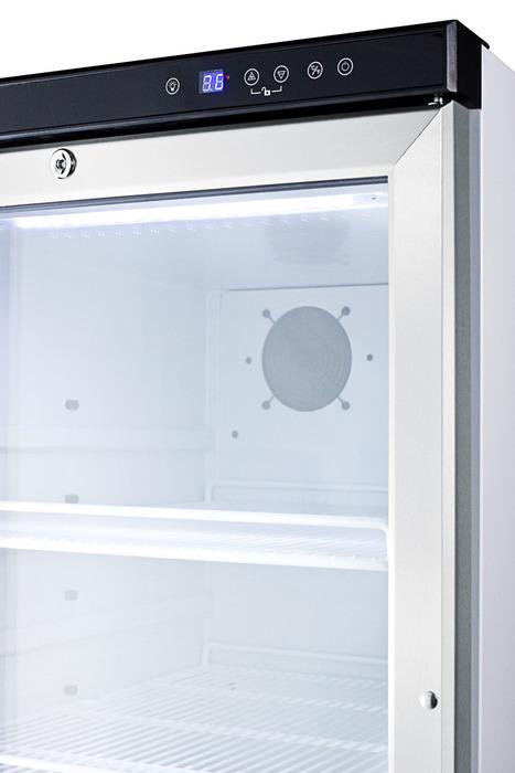 Commercial glass door beverage merchandiser with 14.5 cu.ft. capacity and a digital thermostat