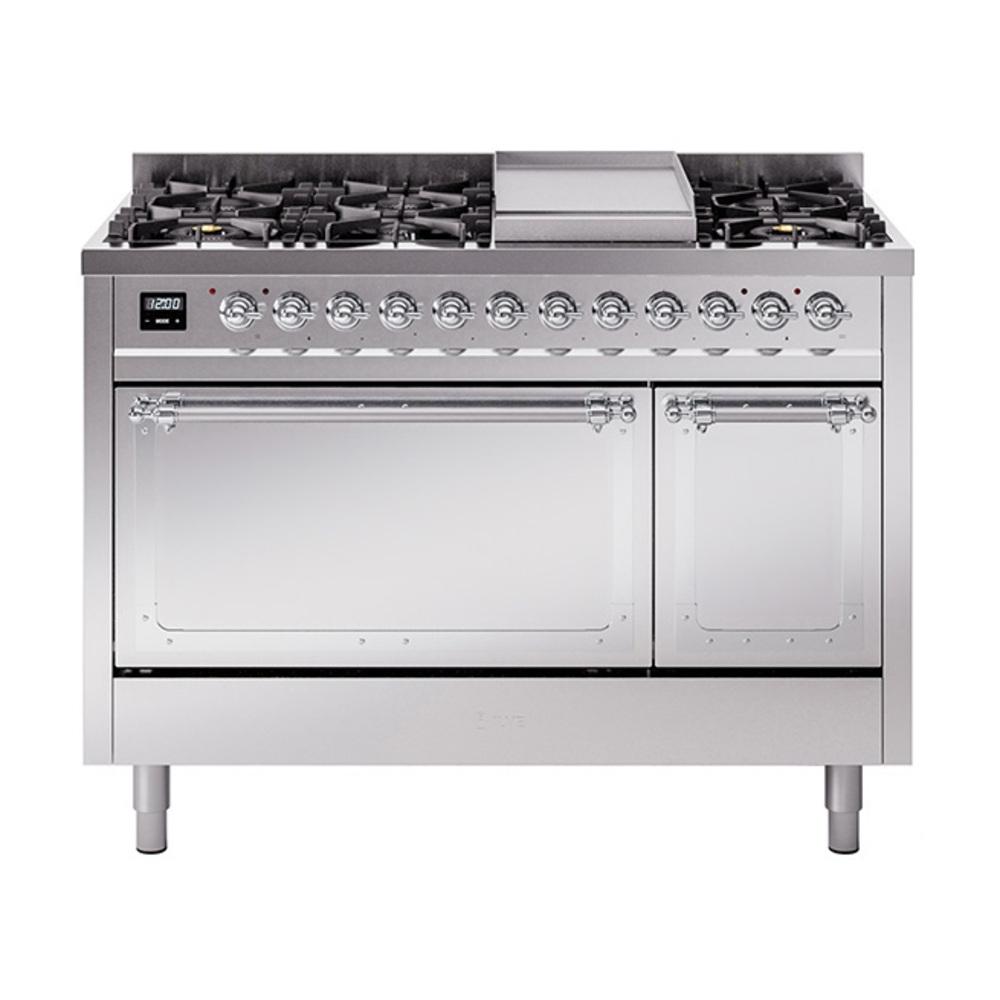 ILVE UN48FQNMPSSCLP Nostalgie II Noblesse 48 inch Dual Fuel Range (8 Sealed Burners + Griddle, Liquid Propane, Solid Door, Stainless Steel, Chrome)