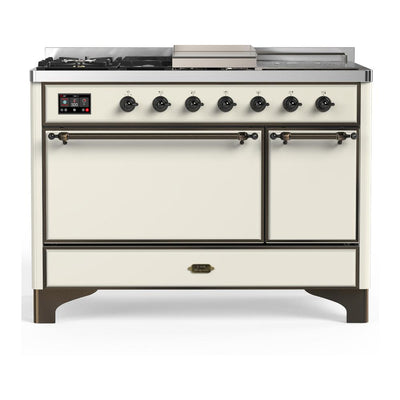 ILVE UM48FSQNR3AWBLP Majestic III 48 inch Dual Fuel Range with 5 Black Brass Burners, Griddle and French Top, Dual Function Burner up to 25,000 BTU (Liquid Propane, Solid Door, Antique White, Burnished)