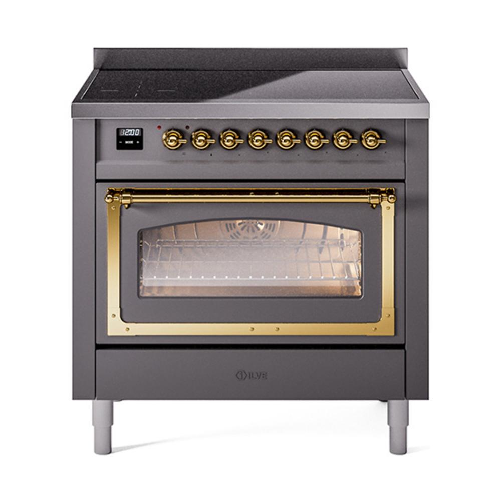 ILVE UNI366NMPMGG Nostalgie II Noblesse 36 inch Induction Range (Triple Glass Door, Graphite Matte, Brass)