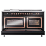 ILVE UN60FSNMPBKPLP Nostalgie II Noblesse 60 inch Dual Fuel Range (7 Sealed Burners + Griddle + French Top, Liquid Propane, Triple Glass Door, Glossy Black, Copper)