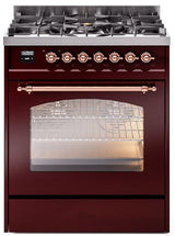 Nostalgie II 30 Inch Dual Fuel Natural Gas Freestanding Range in Burgundy with Copper Trim