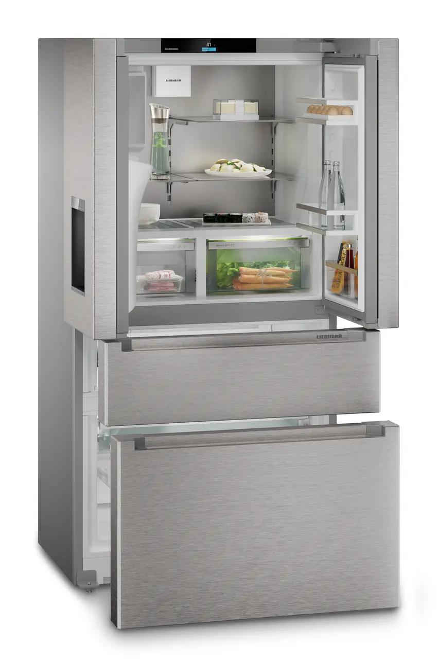French door fridge-freezer with 2 freezer drawers and water and ice cube dispenser