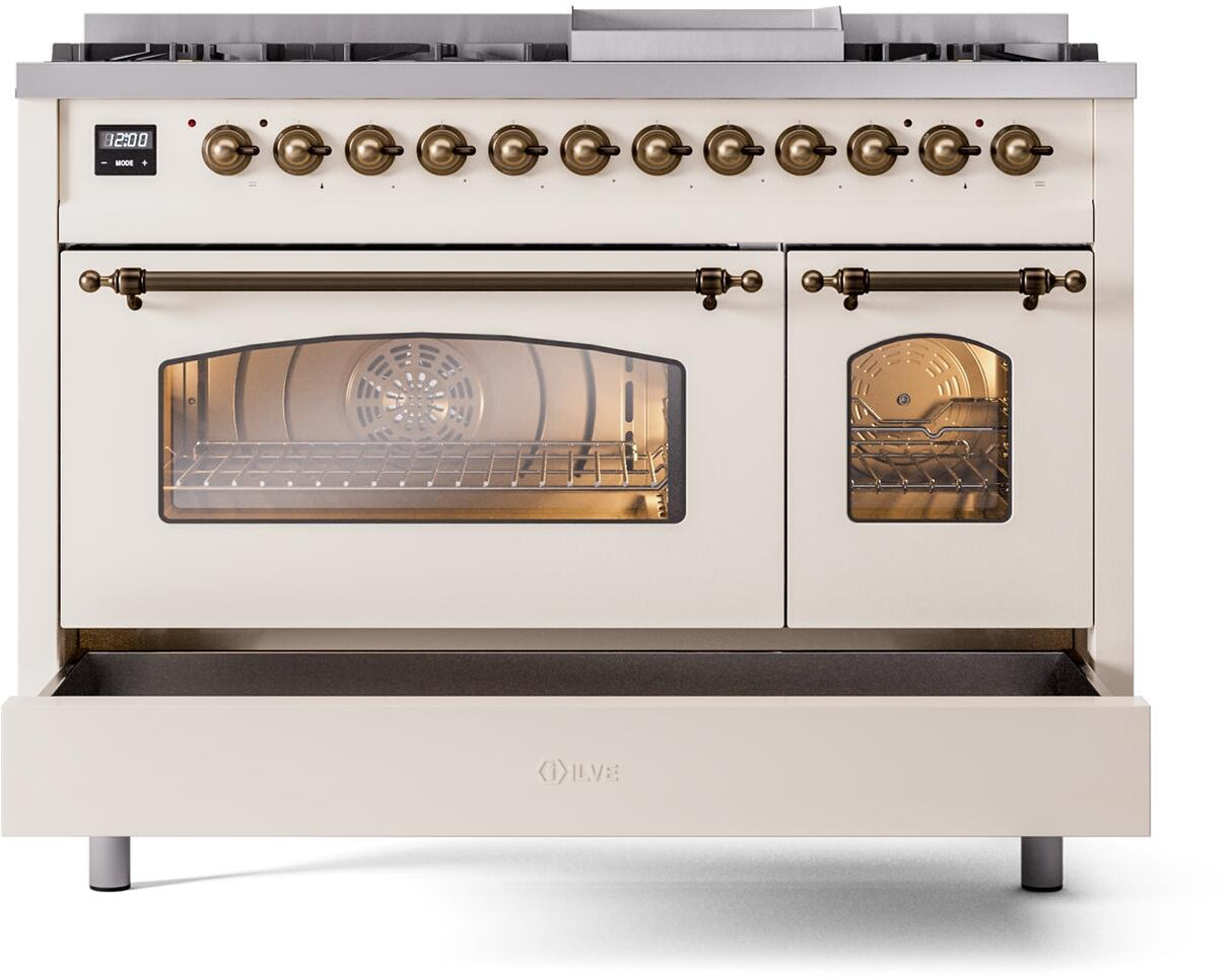 Nostalgie II 48 Inch Dual Fuel Liquid Propane Freestanding Range in Antique White with Bronze Trim
