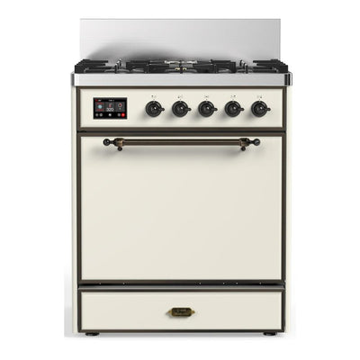 ILVE UM30QNR3AWB Majestic III 30 inch Dual Fuel Range with 5 Black Brass Burners, Dual Function Burner up to 25,000 BTU (Natural Gas, Solid Door, Antique White, Burnished)