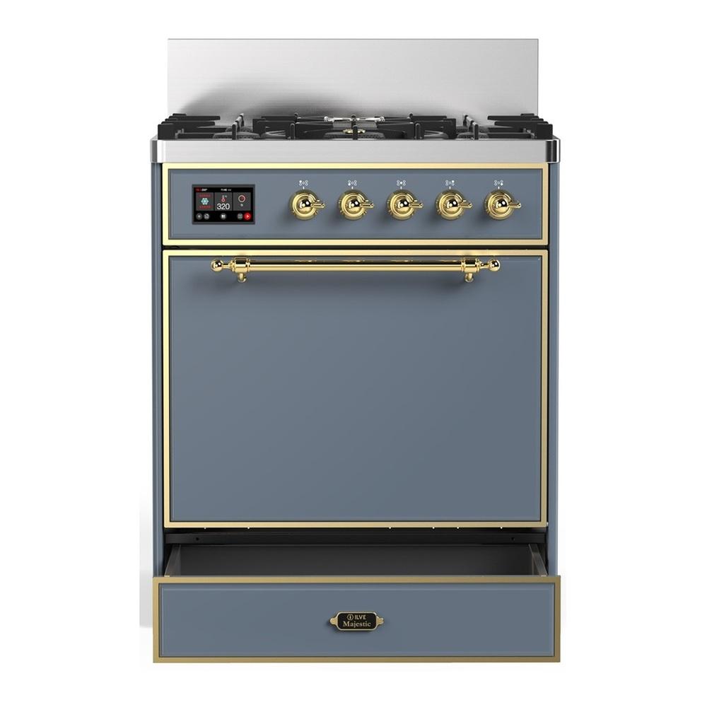 ILVE UM30QNR3BGG Majestic III 30 inch Dual Fuel Range with 5 Black Brass Burners, Dual Function Burner up to 25,000 BTU (Natural Gas, Solid Door, Blue Grey, Brass)