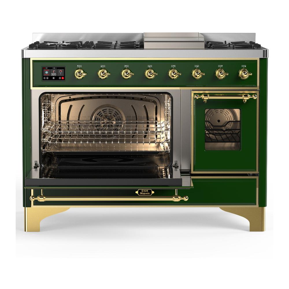 ILVE UM48FNR3EGG Majestic III 48 inch Dual Fuel Range with 8 Burners and Griddle, Dual Function Burner up to 25,000 BTU (Natural Gas, Triple Glass Door, Emerald Green, Brass)