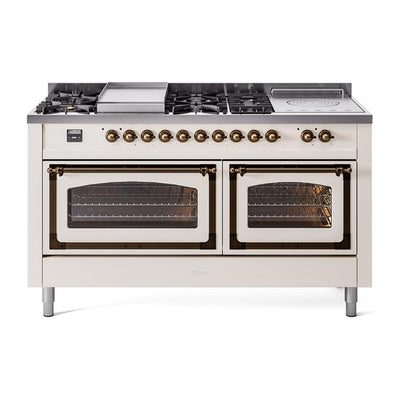 ILVE UN60FSNMPAWB Nostalgie II Noblesse 60 inch Dual Fuel Range (7 Sealed Burners + Griddle + French Top, Natural Gas, Triple Glass Door, Antique White, Burnished)