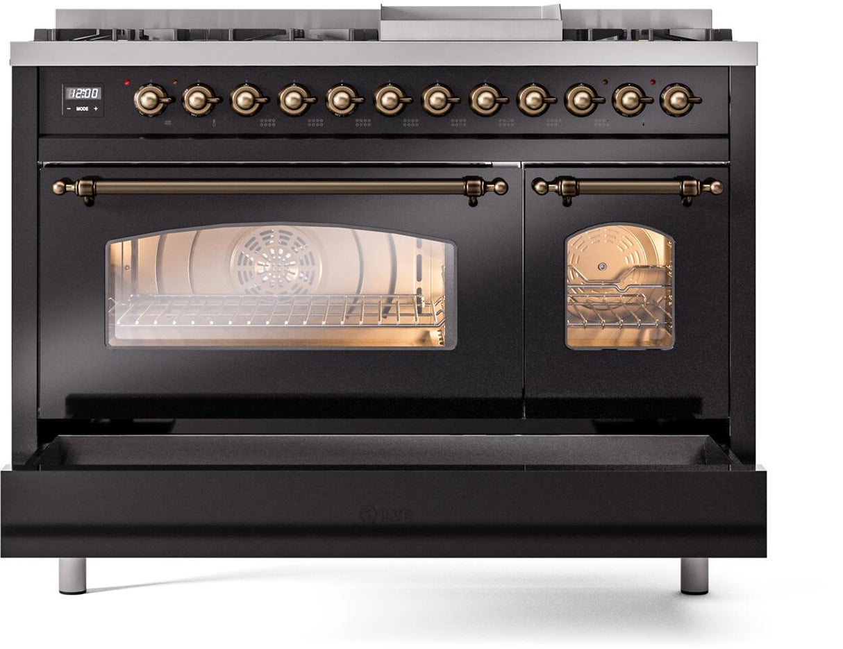 Nostalgie II 48 Inch Dual Fuel Liquid Propane Freestanding Range in Glossy Black with Bronze Trim
