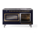ILVE UN60FNMPMBGLP Nostalgie II Noblesse 60 inch Dual Fuel Range (9 Sealed Burners + Griddle, Liquid Propane, Triple Glass Door, Midnight Blue, Brass)
