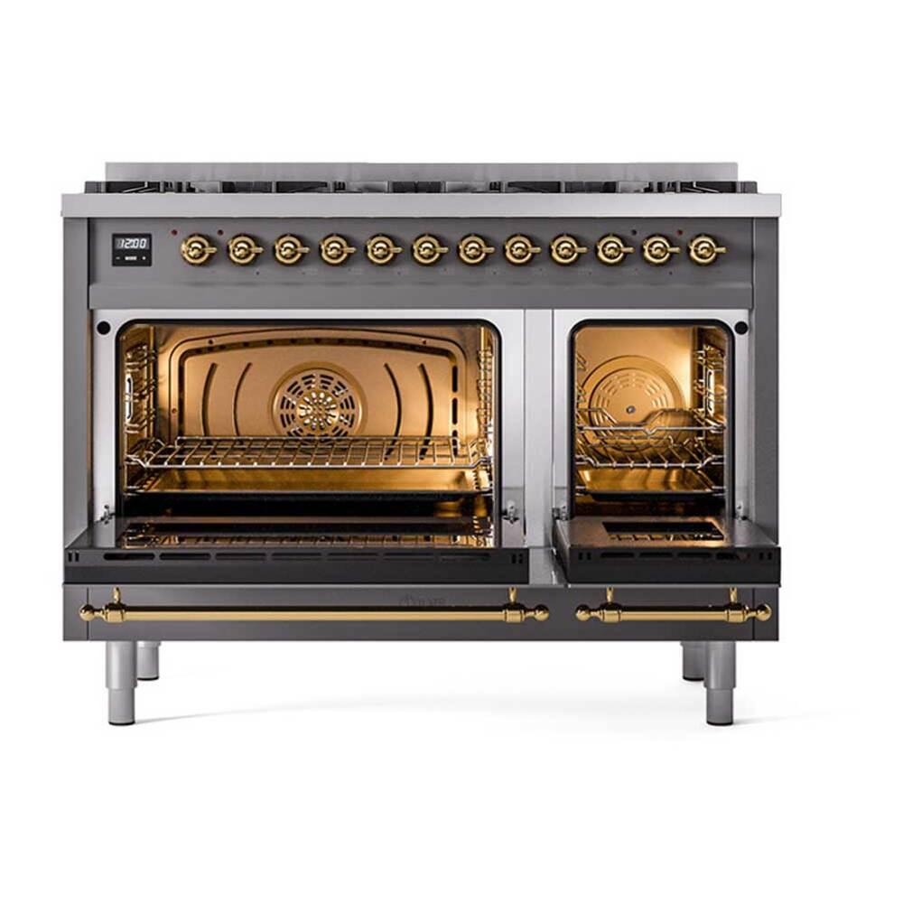 ILVE UP488NMPMGGLP Nostalgie II 48 inch Dual Fuel Range with 8 Total Black Brass Sealed Burners, Brass Trim (Limited Edition) (Liquid Propane, Graphite Matte)
