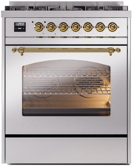 Nostalgie II 30 Inch Dual Fuel Natural Gas Freestanding Range in Stainless Steel with Brass Trim