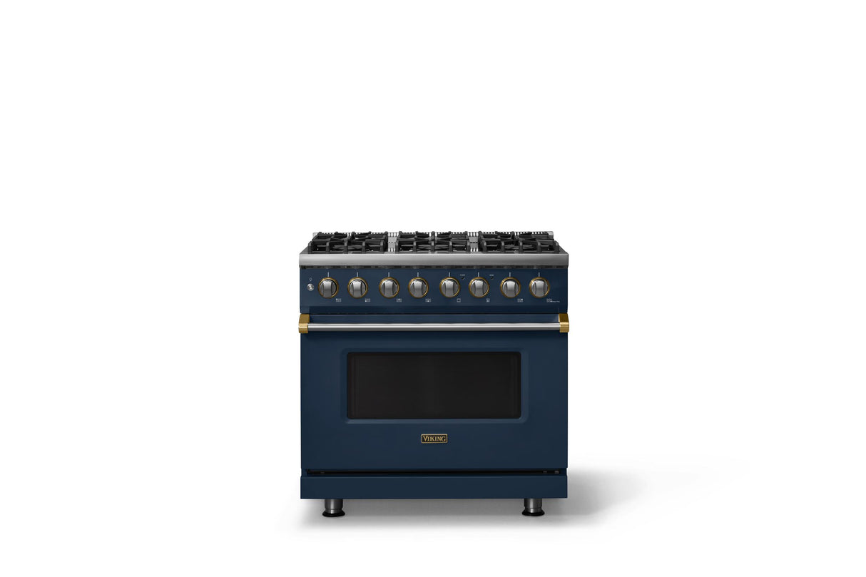 36"W. Dual Fuel Range (Burner: 6b, Finish: Slate Blue, Trim: Brushed Brass, Fuel: Natural Gas)