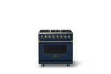 36"W. Dual Fuel Range (Burner: 6b, Finish: Slate Blue, Trim: Brushed Brass, Fuel: Propane)