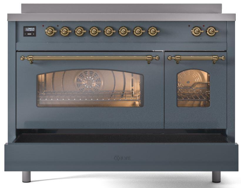 Nostalgie II 48 Inch Electric Freestanding Range in Blue Grey with Brass Trim
