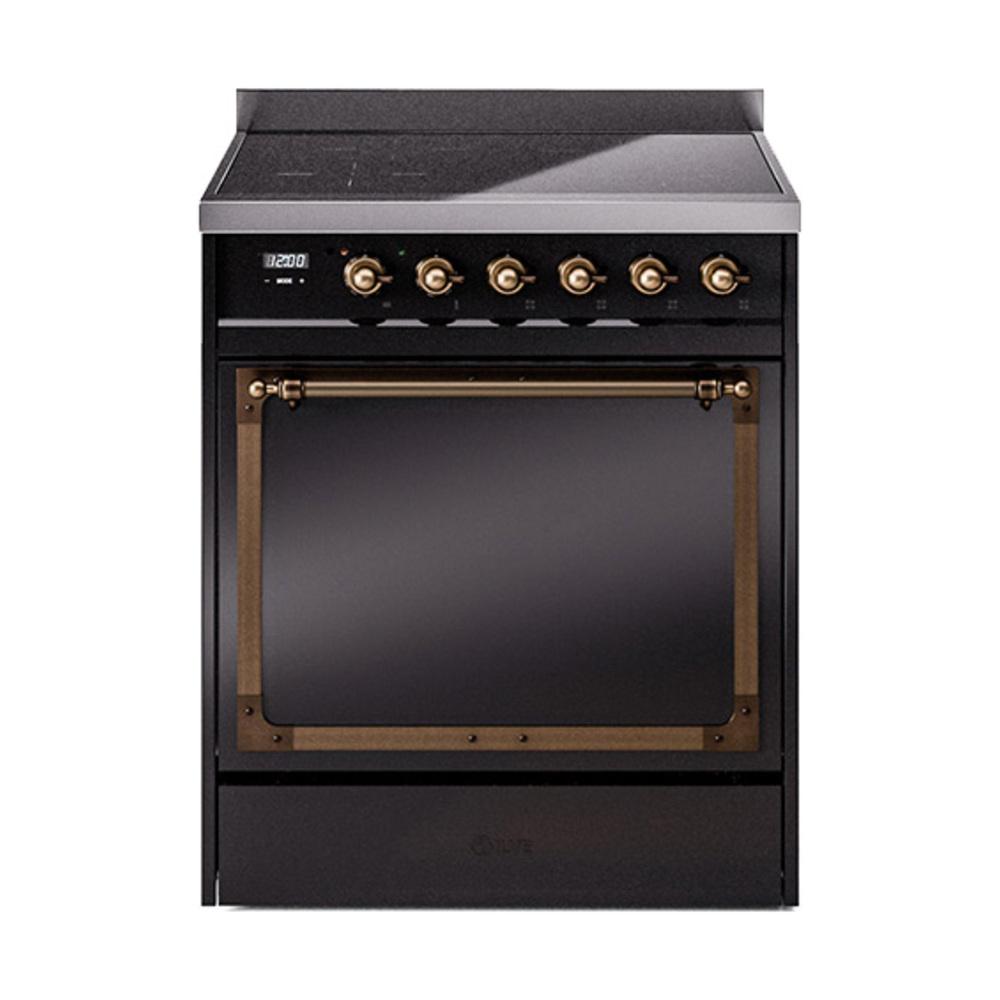 ILVE UNI304QNMPBKB Nostalgie II Noblesse 30 inch Induction Range (Solid Door, Glossy Black, Burnished)