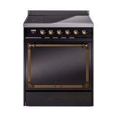 ILVE UNI304QNMPBKB Nostalgie II Noblesse 30 inch Induction Range (Solid Door, Glossy Black, Burnished)