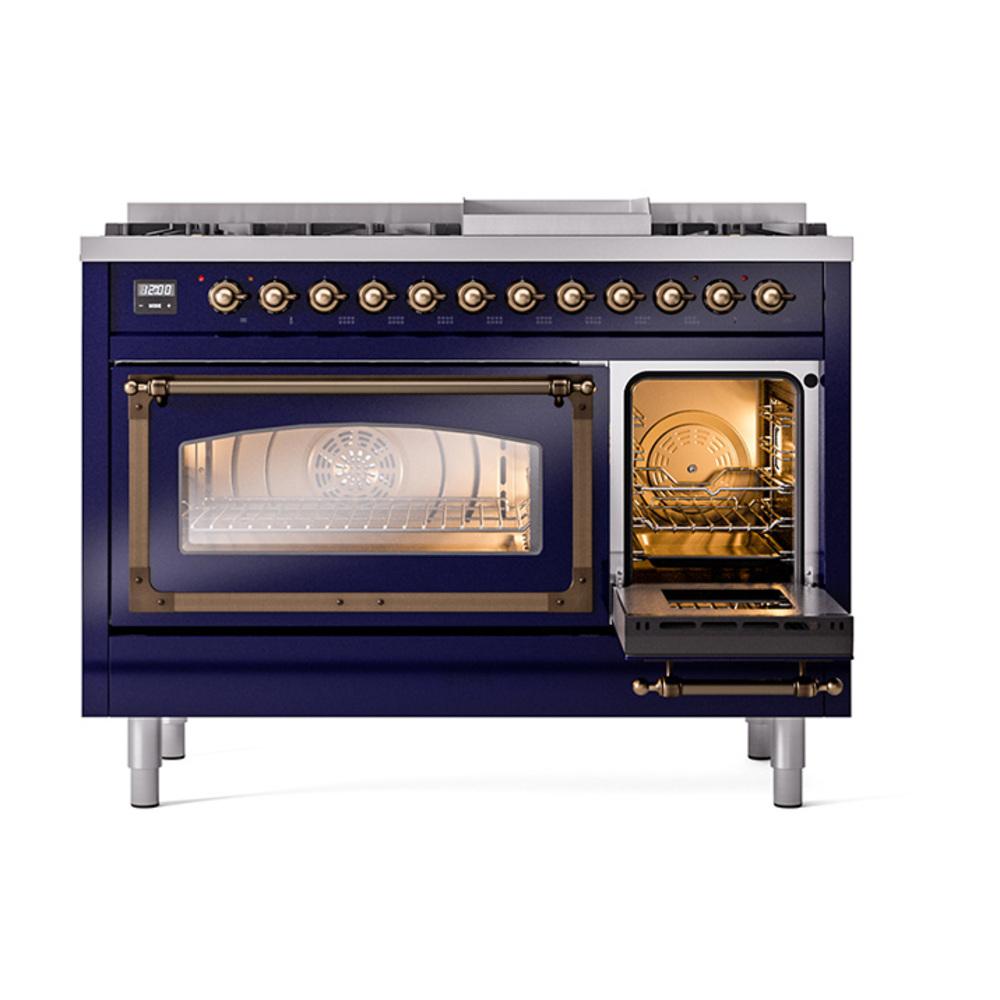 ILVE UN48FNMPMBB Nostalgie II Noblesse 48 inch Dual Fuel Range (8 Sealed Burners + Griddle, Natural Gas, Triple Glass Door, Midnight Blue, Burnished)