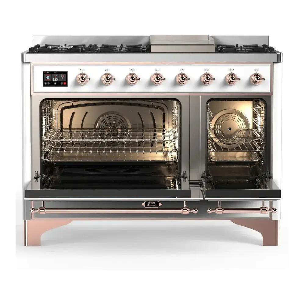 ILVE UM48FNR3RAP Majestic III 48 inch Dual Fuel Range with 8 Burners and Griddle, Dual Function Burner up to 25,000 BTU (Natural Gas, Triple Glass Door, RAL, Copper)