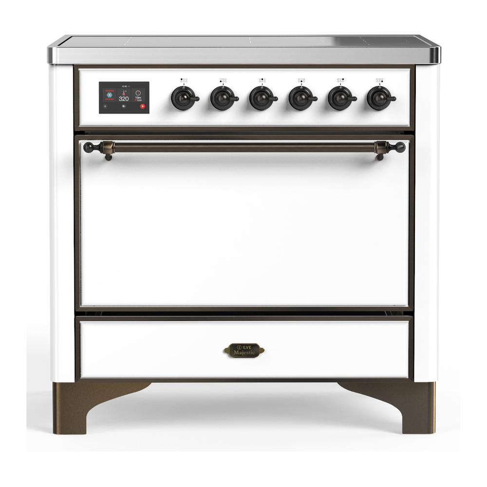 ILVE UMIB36QNR3WHB Majestic III 36 inch Induction Range with 6 Elements, 3.5 cu. ft. Total Oven Capacity (Solid Door, White, Burnished)