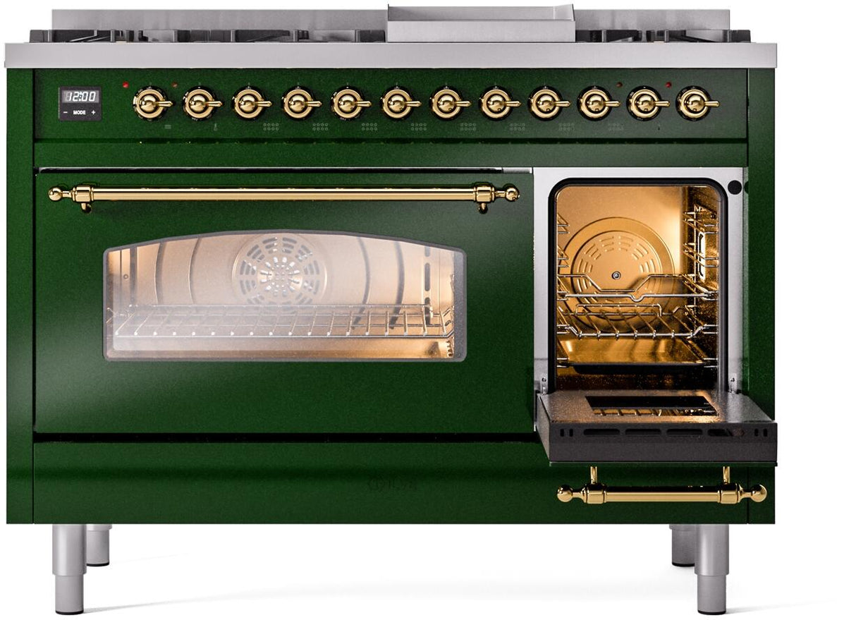 Nostalgie II 48 Inch Dual Fuel Liquid Propane Freestanding Range in Emerald Green with Brass Trim