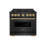 ZLINE Autograph Edition 36 in. 5.2 cu. ft. Classic Gas Range with 6 Burner Cooktop and Convection Gas Oven in Black Stainless Steel and Polished Gold Accents (CGRBZ-36-G)